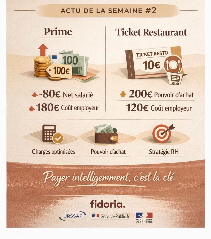 Illustration comparant prime et ticket restaurant, avec impact sur le coût employeur et le pouvoir d’achat