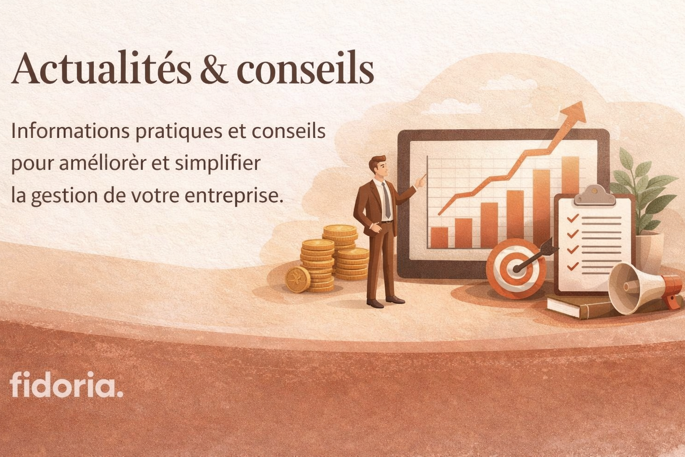 Illustration Fidoria représentant des conseils et solutions pour simplifier la gestion et accompagner les entreprises