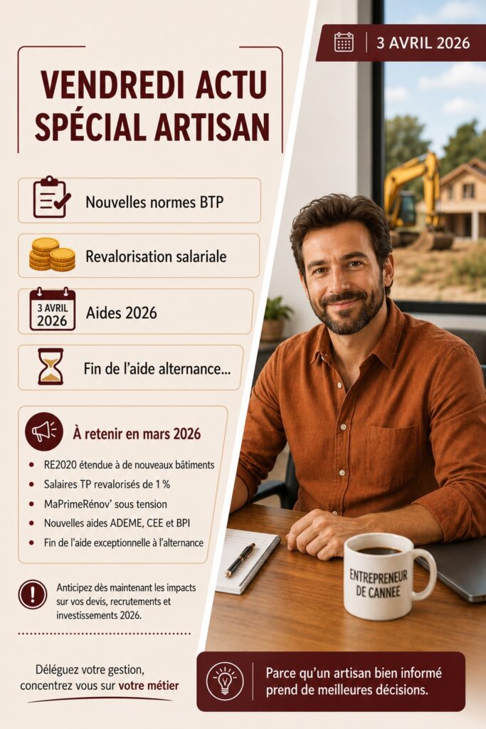 Réglementation bâtiment, RE2020, aides 2026, MaPrimeRénov’, hausses de charges : le point complet sur ce qui change en mars 2026 pour les artisans.