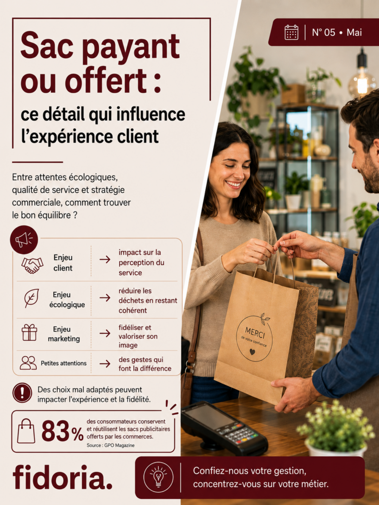 Visuel Fidoria sur l’impact des sacs payants ou offerts dans les commerces avec statistiques sur l’expérience client, fidélisation et réutilisation des sacs publicitaires.