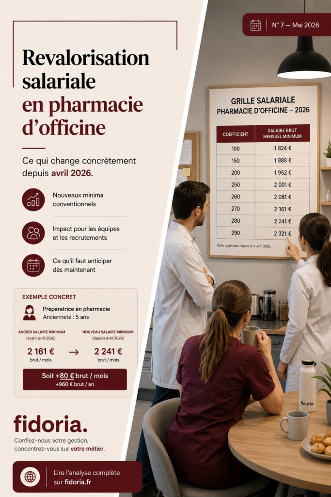 Visuel fidoria sur la revalorisation salariale 2026 en pharmacie d’officine avec grille salariale affichée et équipes consultant les nouveaux minima conventionnels.