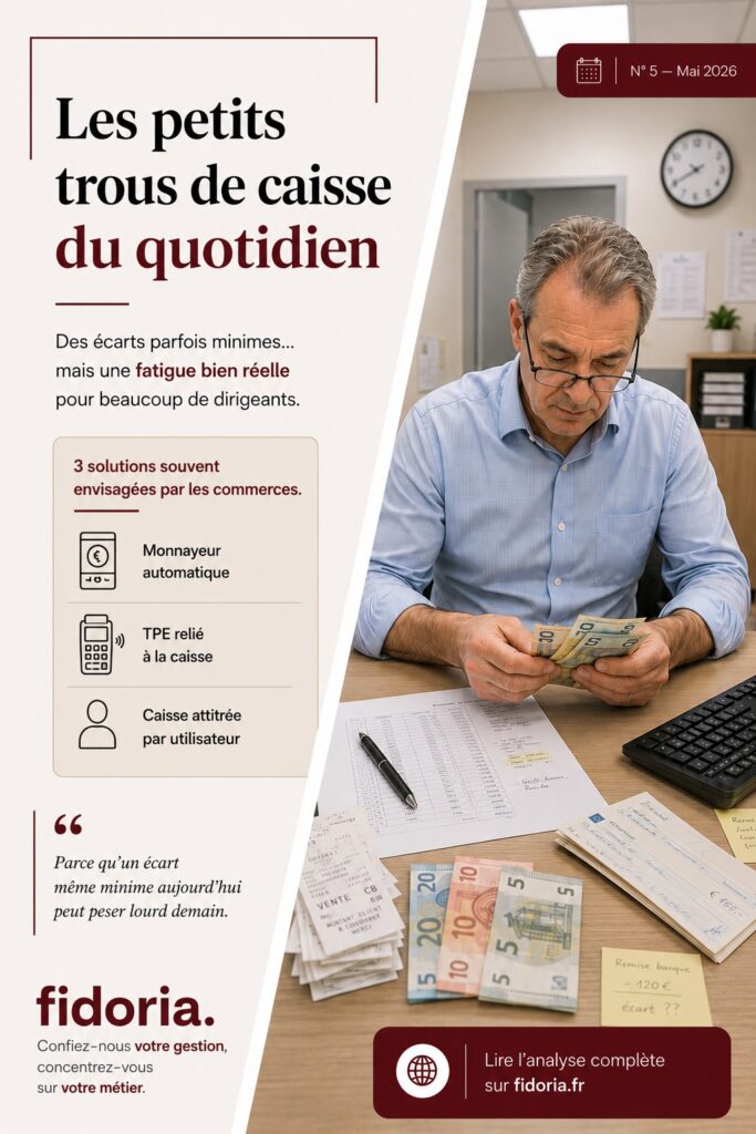 

Dirigeant de commerce recompte une liasse de billets et analyse une feuille de caisse dans un bureau en fin de journée pour illustrer les petits écarts de caisse du quotidien dans les commerces.