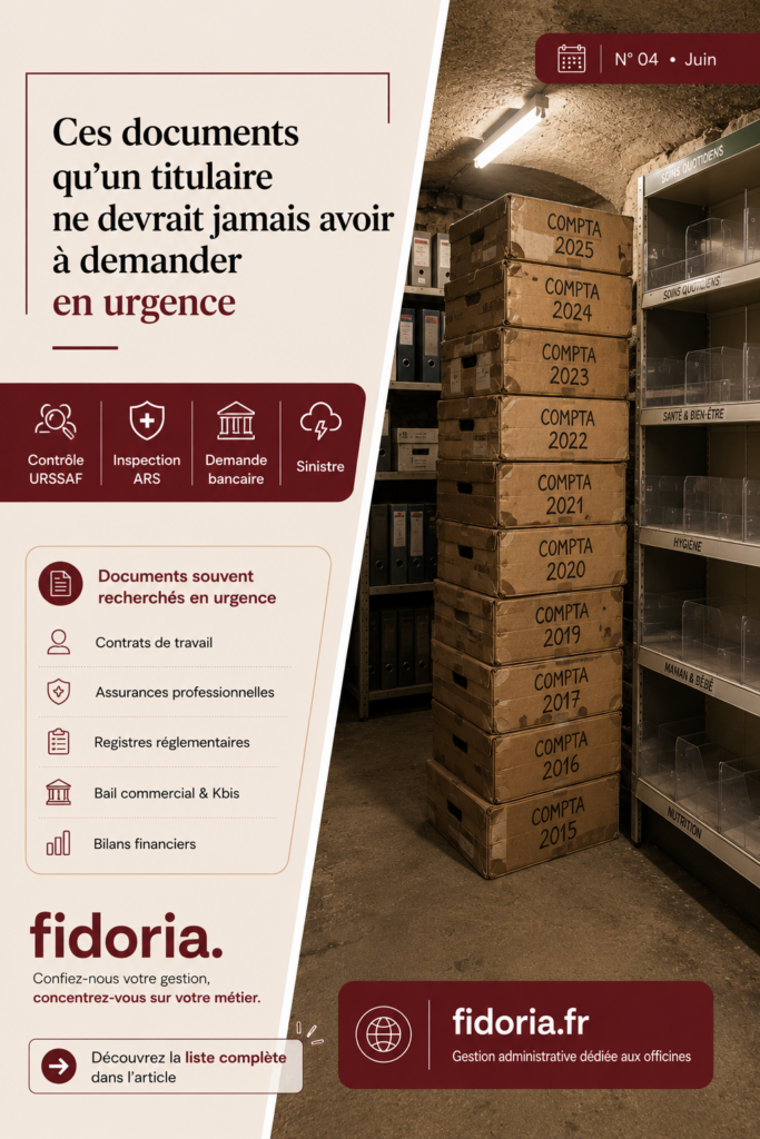 Contrats de travail, assurances, registres réglementaires, documents financiers : découvrez les documents essentiels qu’un titulaire de pharmacie devrait pouvoir retrouver immédiatement en cas de contrôle, de sinistre ou de demande administrative.