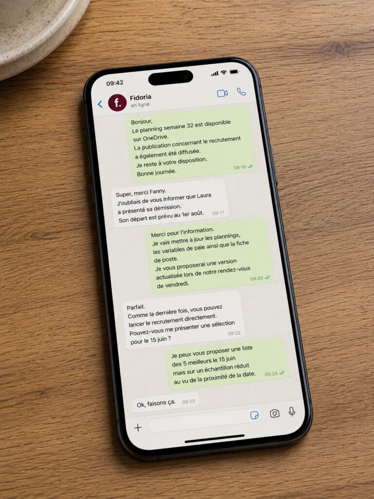 Illustration de la proximité digitale : échange professionnel entre un dirigeant et son partenaire administratif concernant la gestion RH, les plannings et le recrutement.