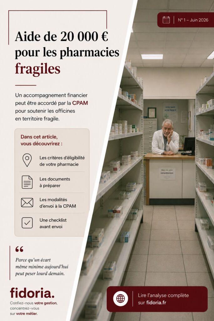 Pharmacien dans une officine en territoire fragile illustrant l’article Fidoria consacré à l’aide financière pouvant atteindre 20 000 € pour certaines pharmacies.